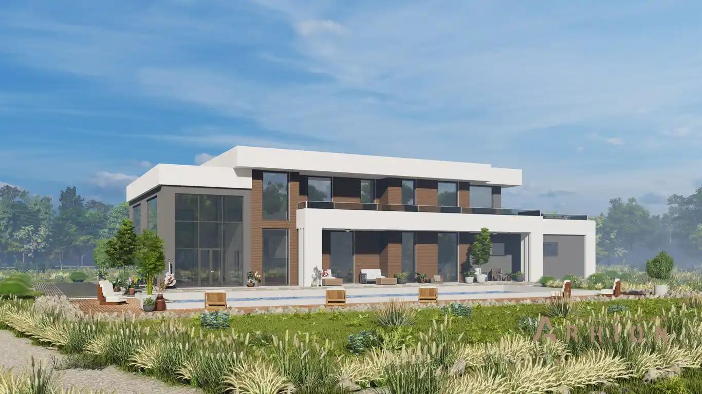 8. Проект двухэтажного дома в стиле хай-тек с плоской кровлей , h-1603, площадью - 639 кв c терассой, балконом, гаражом, вторым светом